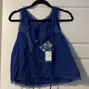 Blue Lace Trim Sleeveless Top